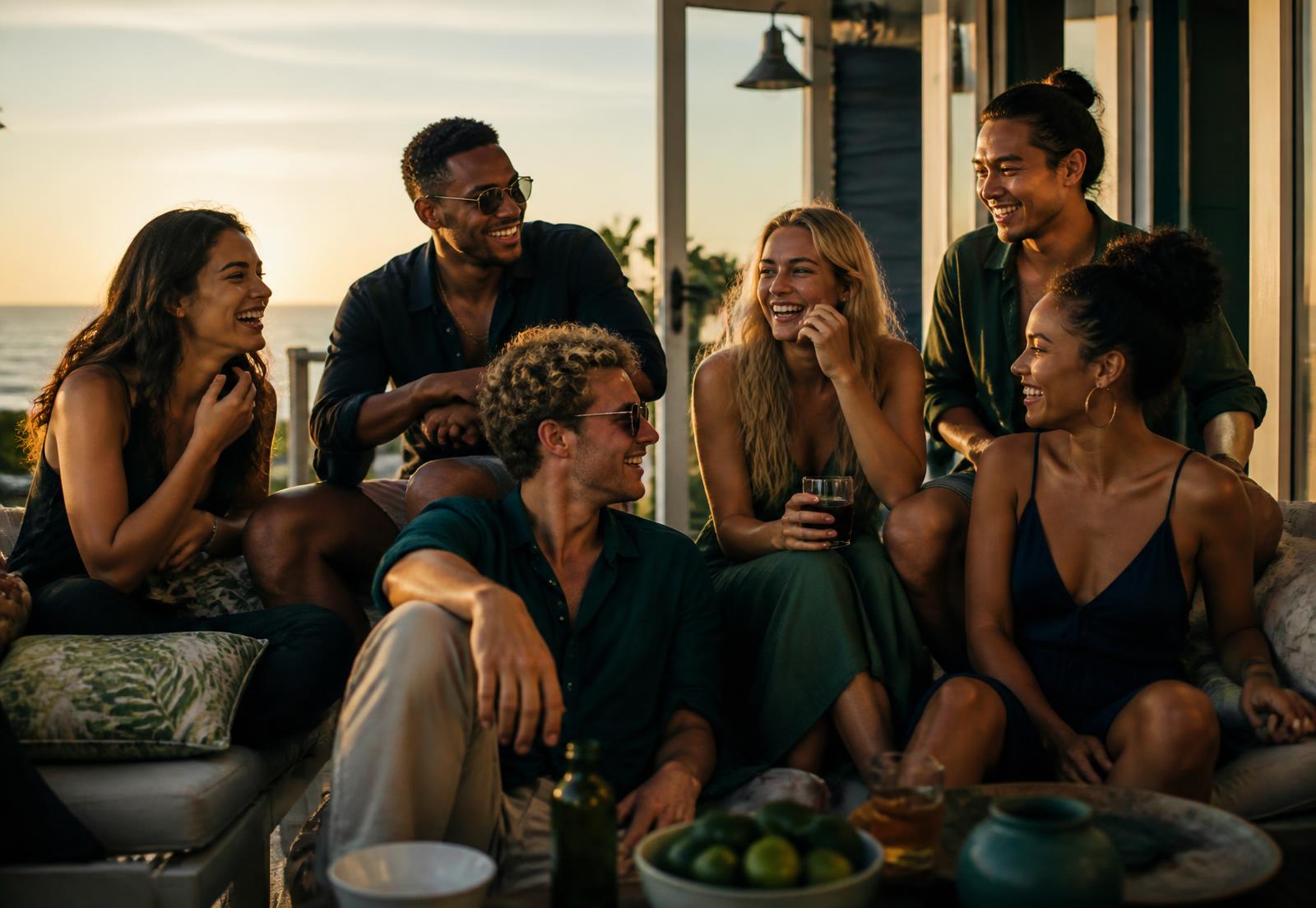 Six friends laughing together on a beach house porch at sunset